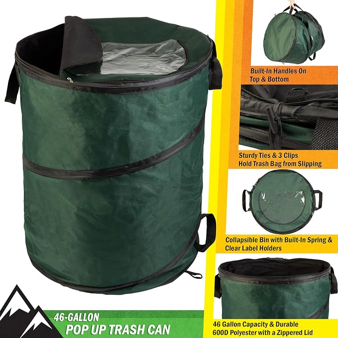 Outdoor Trash Can - 46-Gallon Collapsible Garbage Can with 3 Stakes - Pop Up Trash Bin for Camping, Storage, or Yard Waste Outdoors (Green)