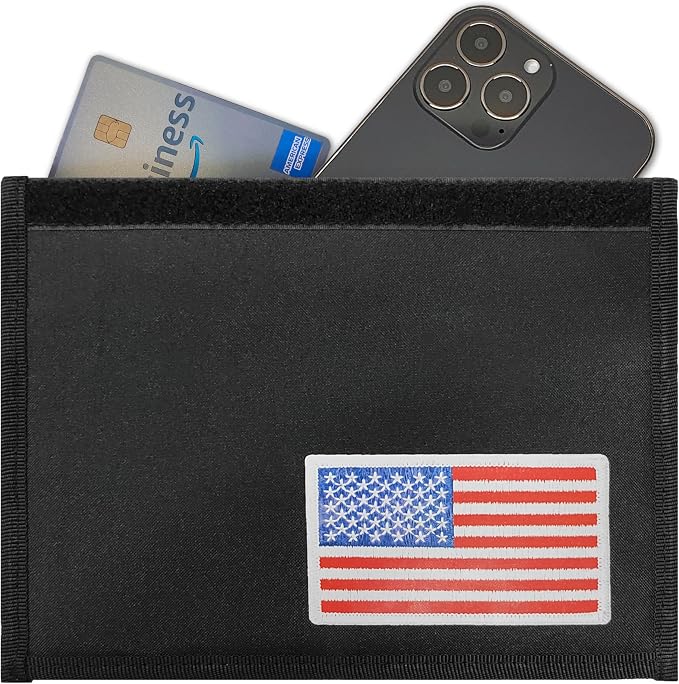 USA Flag Faraday Bag for Phones & Key Fobs – RFID Shielding Privacy Pouch for Electronic Device Storage, Patriotic American Flag Design Faraday Sleeve