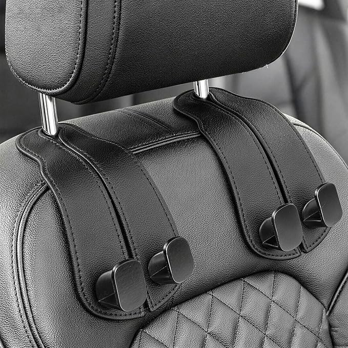 Purse Holder for Car, 2 Pack Heavy Duty Purse Hanger for Car, PU Leather Car Seat Hooks for Purses and Bags, Cute Minimalist Black Headrest Organizer for Handbags & Backpacks
