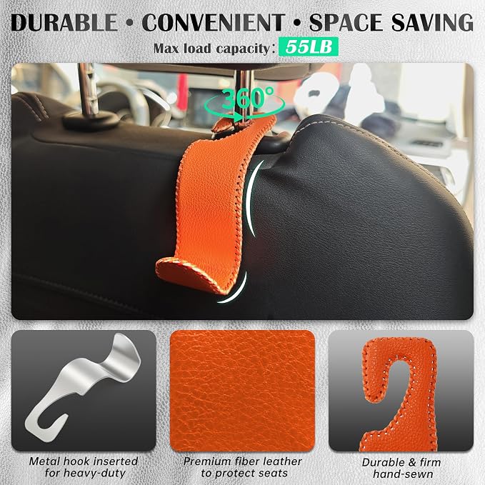 Car Seat Headrest Hook Universal Vehicle Storage Hanger Leather with Metal Car Seat Back Organizer for Handbag Purse Coat Orange 2 Pack