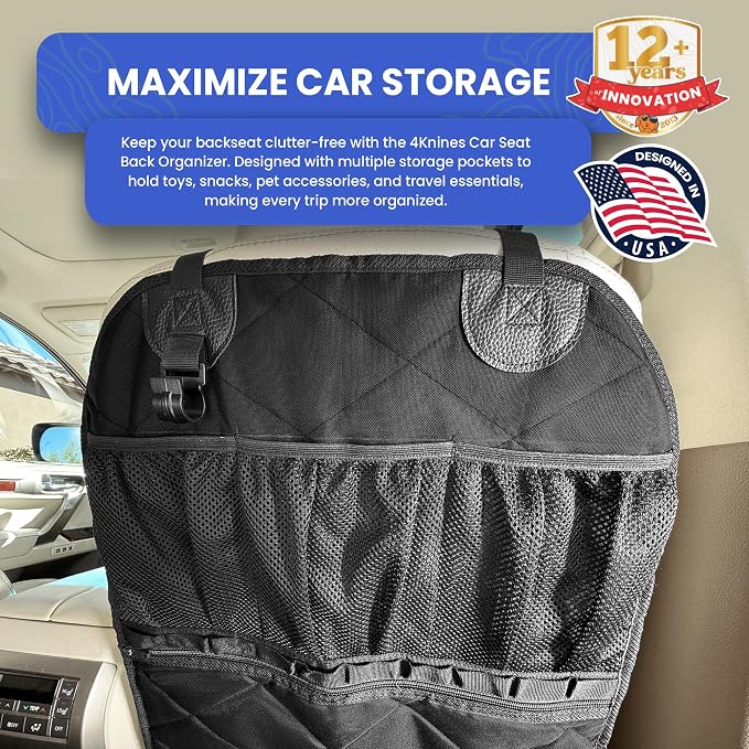 Car Seat Back Organizer – Heavy-Duty Kick Mat w/Mesh Storage Pockets, Bottle Hook – UV-Resistant Hardware – Waterproof Backseat Organizer for Kids & Pets – Fits SUVs, Trucks, Cars – Black