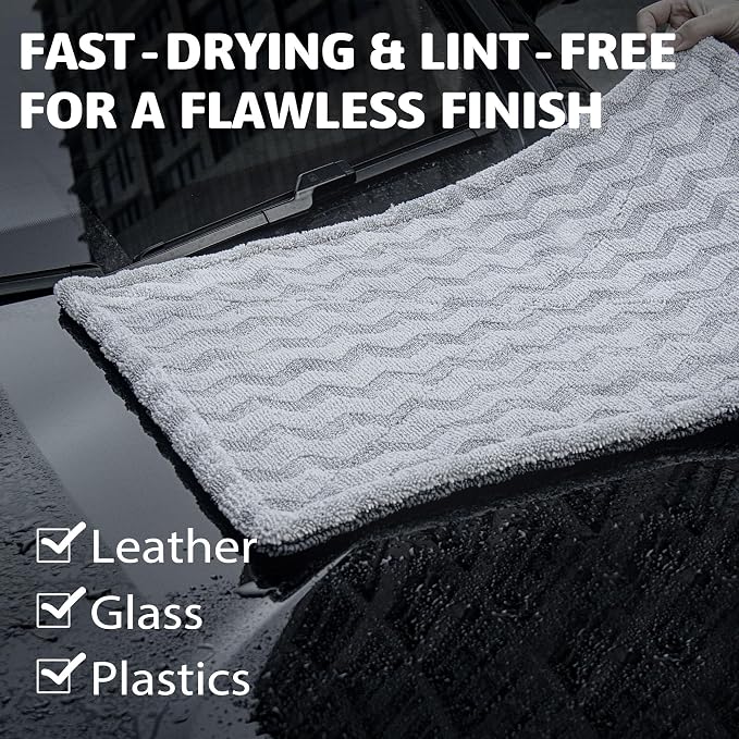 1000GSM Car Drying Towel 18"x24", Edgeless Double Twist Pile, Ultra Absorbent Microfiber Towel, Scratch-Free Lint-Free Streak-Free for Auto Detailing & Car Wash – Wave Silver&Grey