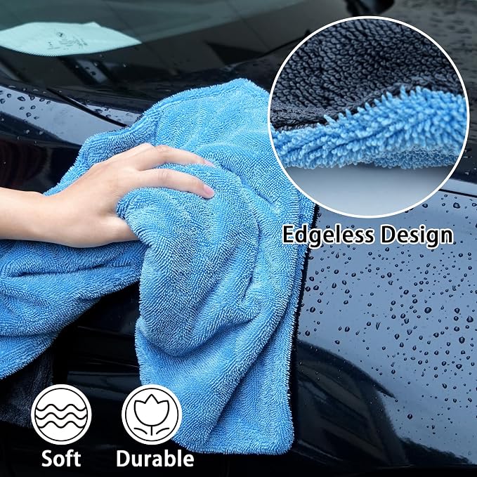 2 Pack Car Drying Towel, Premium Microfiber Towels for Cars, 1000GSM, Edgeless Twisted Loop Design, No Streaks, Scratches, or Water Spot, Absorbent Wash Towel, 18" x 24" (Blue&Grey)