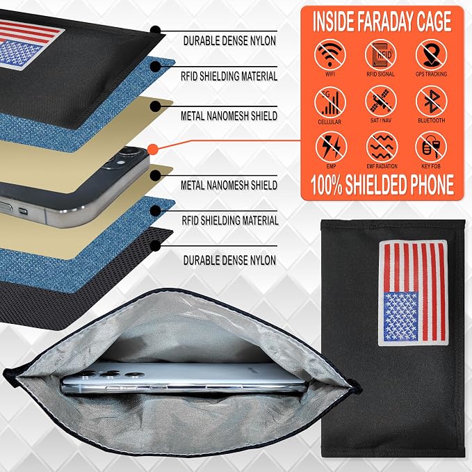 USA Flag Faraday Bag for Phones & Key Fobs – RFID Shielding Privacy Pouch for Electronic Device Storage, Patriotic American Flag Design Faraday Sleeve