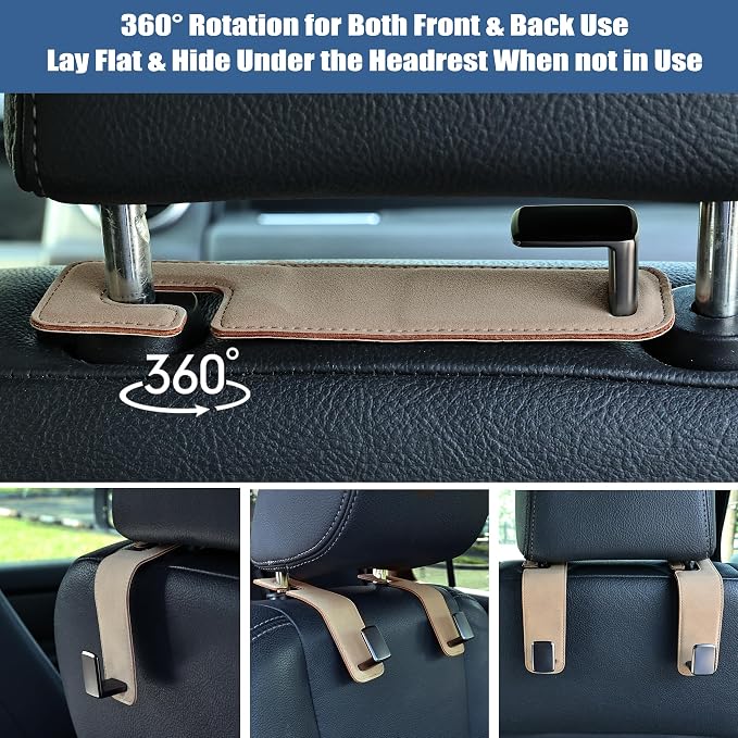 Car Seat Back Hook Universal Auto Storage Hanger Suede with Metal Car Seat Organizer for Handbag Purse Coat Umbrellas Grocery Bags 2 Pack Beige