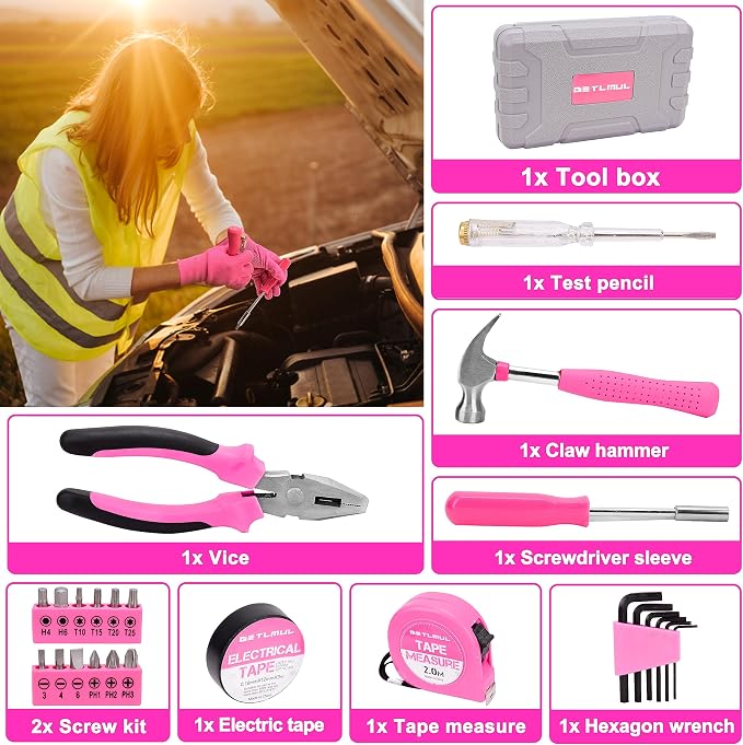 Pink Car Emergency Kit, Premium Roadside Emergency Car Accessories Kit with Jumper Cables, Flashlight, Shovel, Toolbox Set, etc Car Accessories for Women