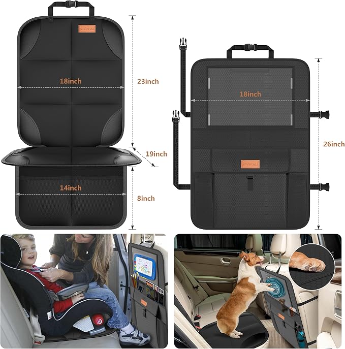 Non-Slip Backing Backseat Car Organizer Kick Mat with Storage Pockets, Large Waterproof Baby Car Seat Protector for Leather and Fabric (Black)