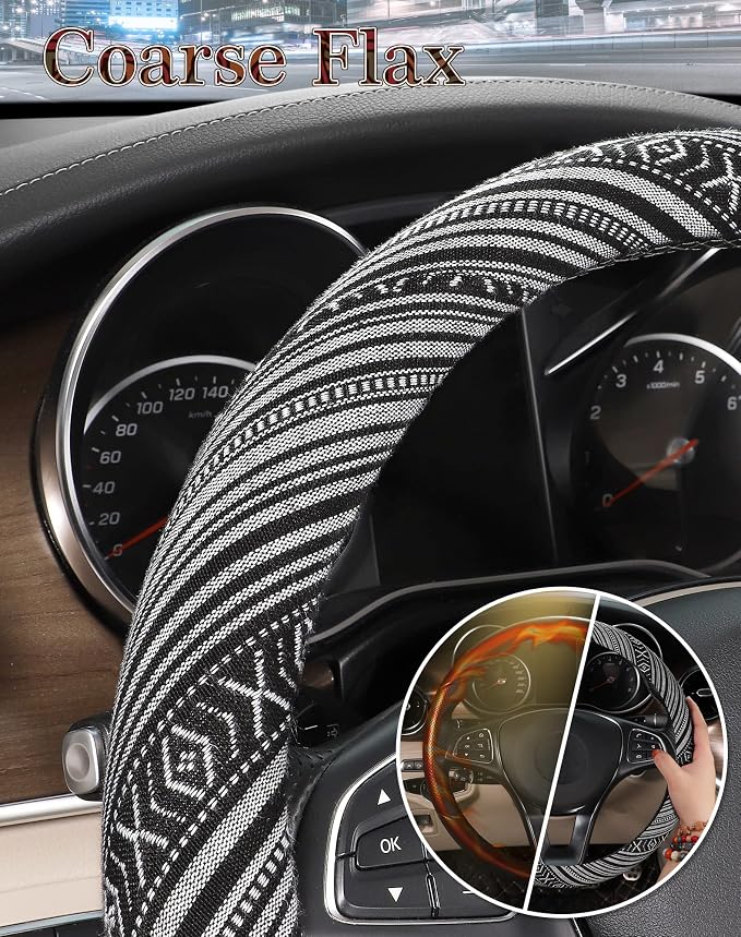 Boho Steering Wheel Cover with Baja Blanket Cloth, Ethnic Style Auto Wheel Cover Made of Coarse Flax, Fits 14 1/2-15 1/4 inches Car Wheel