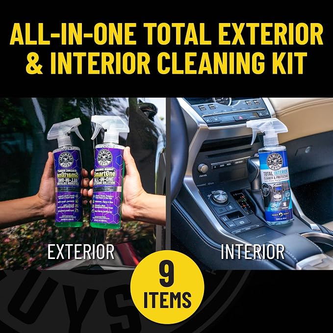 Quick Detailing Kit With Storage Bag, Raging Rhino SmartOne Exterior Spray, Interior Cleaner, Tire Shine, Microfiber Towels, And Applicators Giftable Car Care Set