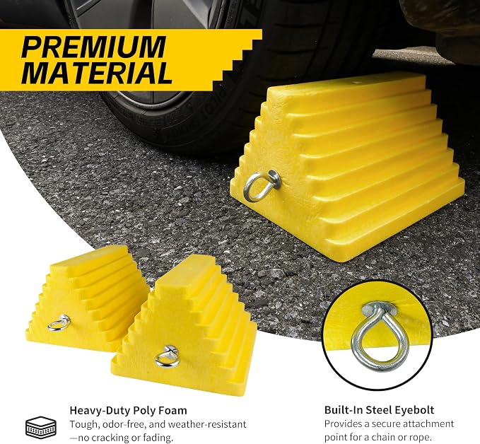 51169 Polyfoam Wheel Chocks with Steel Eyebolt – 2-Pack – 10″ × 8″ × 6″ Heavy-Duty Structural Foam – Bright Yellow – Vehicle & Trailer Safety for Cars, Trucks, RVs, Boats, ATVs