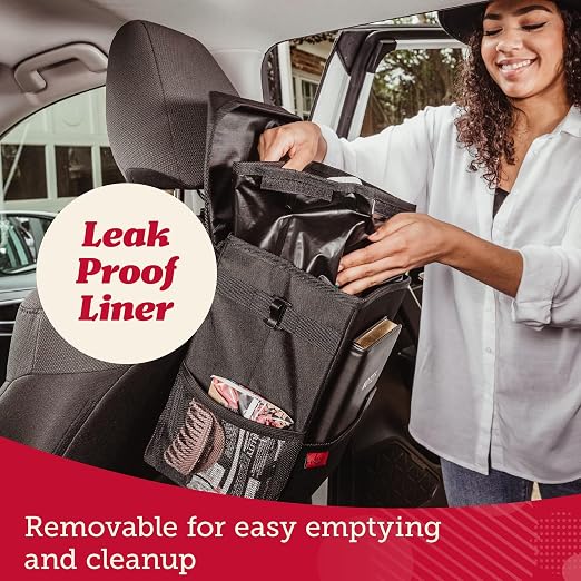 Spill-Proof Car Trash Can (2 Pack) - Easy to Clean Hanging Garbage Bin - Leak-Proof, Removable Liner, Waterproof - Keeps Truck, SUV, Car, Minivan Clean & Odor Free (Black, Red Stitching)