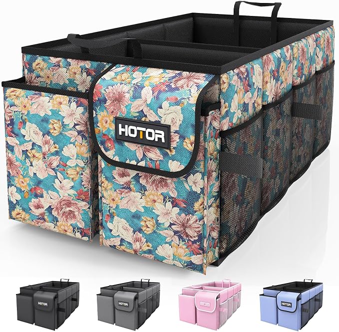 Trunk Organizer- Car Organizer, Foldable Trunk organizer for SUVs & Sedans, Sturdy Car Organization for Car Accessories, Tools, Sundries, Blue Flower, 2 Compartments, 21.3"×12.6"×10.6"