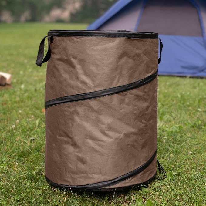 Outdoor Trash Can - 46-Gallon Collapsible Garbage Can with 3 Stakes - Pop Up Trash Can for Camping, Storage, or Yard Waste Outdoors (Beige)