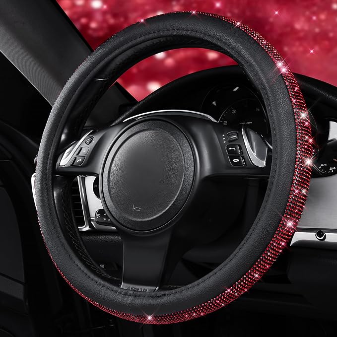 Red Diamond Black Leather Steering Wheel Cover, with Bling Crystal Rhinestones Universal Fit 14" 1/2-15" Crystal Glitter for Women Sparkle Girl Fit Suvs,Vans,Sedans,Cars,Trucks, Red Diamond