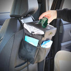 Car Trash Can & Organizer, 2.63 Gallon Waterproof Covered Garbage Bin, 3 Mesh Pockets, Collapsible for Easy Storage, Adjustable Strap & Hook for Backseat Hanging, 9.5” L x 6.25” D x 10.25” H