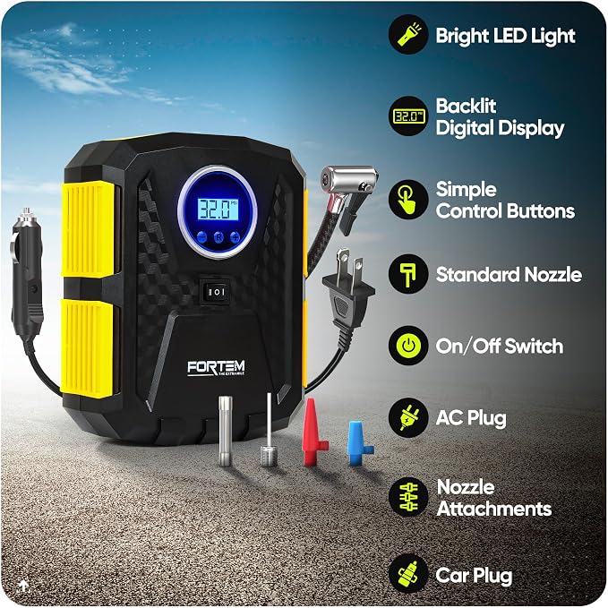 Tire Inflator Portable Air Compressor, Air Pump for Car Tires and Bikes, Car Tire Pump w/Auto Shut Off, 150 PSI, 110V AC 12V DC, LED Light, Carrying Case, Perfect For Men, Women