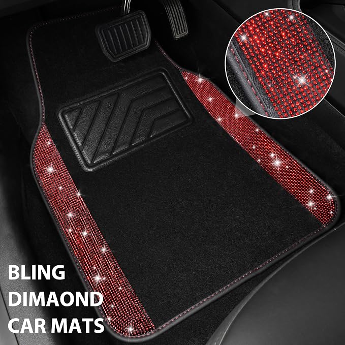 Bling Diamond Car Floor Mats, Shining Rhinestone Carpet Sparkly Glitter Crystal with Anti-Slip PVC Heel Pad Waterproof Universal Fit Automotive SUV,Sedan,Van,Cute Girl Women,4pcs Black Red