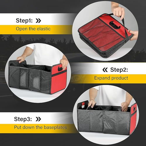 2 Compartments Car Trunk Organizer, 600D Waterproof Oxford Polyester Car Storage, Anti-slip 14" D x 22" W x 12" H Collapsible Trunk Storage, Suitable for SUV, Minivan, Truck, Red
