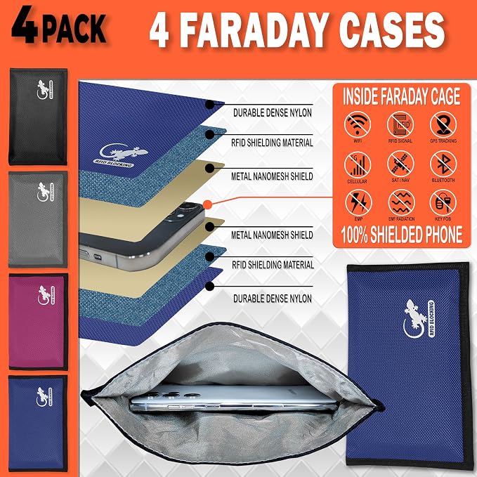 4 Faraday Bag Anti-Tracking GPS RFID Car Key Signal Blocker Wallet Shielding Pouch Protective Case for Cell Phone Car Key FOB, Data Privacy, Electronic Device Security (4 PACK - FAMILY PACK)
