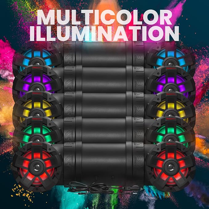 ATV8BRGB ATV UTV Sound System - 8 Inch Speakers, 1.5 Inch Tweeters, Full Range, IPX5 Weatherproof, Bluetooth, Built-in Amplifier, Multi-Color Illumination, Golf Cart Compatible