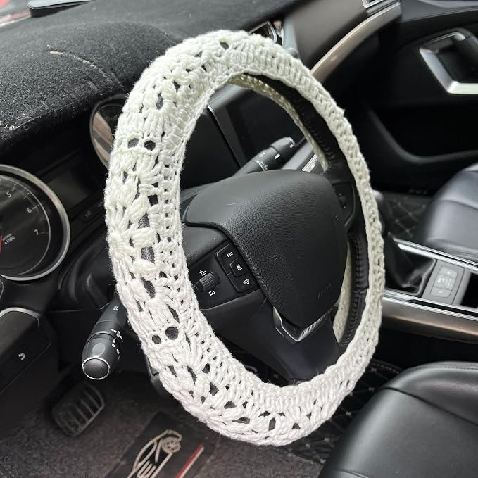 Crochet Steering Wheel Cover Set,Cute Car Steering Wheel Cover Boho 14-15in,Sunflower Granny Square Pattern,Women Car Accessories,Crochet Shift knobs Cover (Steering Cover + Shift Knob Cover)