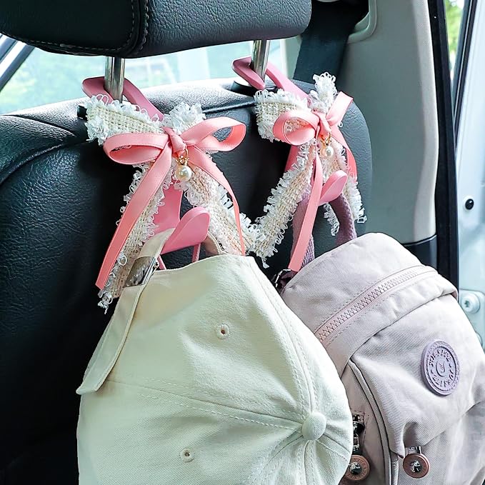 Car Seat Headrest Hook Cute Bowknot Vehicle Hanger Car Storage Organizer for Handbag Purse Coat Grocery Bag Pink White