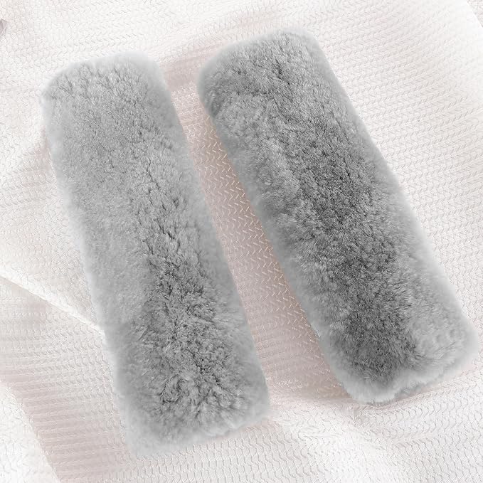 Authentic Sheepskin Seatbelt Cover Real Wool Car Truck SUV Airplane Seat Belt Shoulder Pad for Carmera Backpack Straps Neck Cushion Protector 2 Pack Light Grey