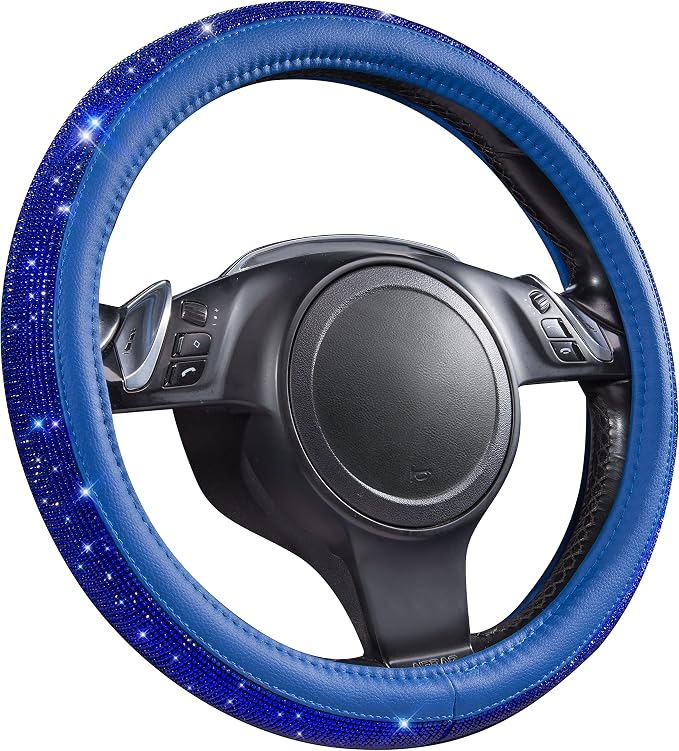 Bling Diamond Leather Steering Wheel Cover, with Bling Sparkly Crystal Glitter Rhinestones Universal Fit 14" 1/2-15" Car Wheel Protect for Women Girl Fit Suvs,Vans,Sedans,Cars,Trucks, Blue