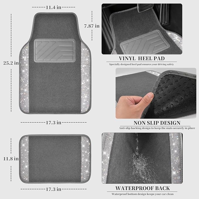 Bling Diamond Car Mats Shining Carpet Crystal Rhinestones Sparkly Glitter Floor Mats with Anti-Slip PVC Heel Pad Universal Fit for Automotive SUV, Sedan, Car, Van, 4pcs for Girl Women, Gray