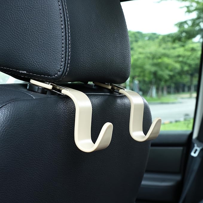 4-Pack 360° Rotating Car Headrest Hooks Vehicle Storage Organizer for Purses Handbags Groceries Coats – Holds 55lbs Simple Design with Clip Beige