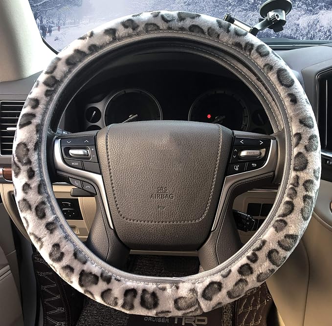 Leopard Print Steering Wheel Cover, Universal 15 Inch Elastic Plush Softy Steering Wheel Cover for Women Girls, Winter Warm, Anti-Slip, Gray