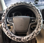 Leopard Print Steering Wheel Cover, Universal 15 Inch Elastic Plush Softy Steering Wheel Cover for Women Girls, Winter Warm, Anti-Slip, Gray