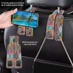 Purse Hook for Car Vintage Boho Mandala Flowers 1 Pack Headrest Back Seat Hook Premium Leather Double Metal Hanger Storage Pack Bag Purse Holder Car Accessories