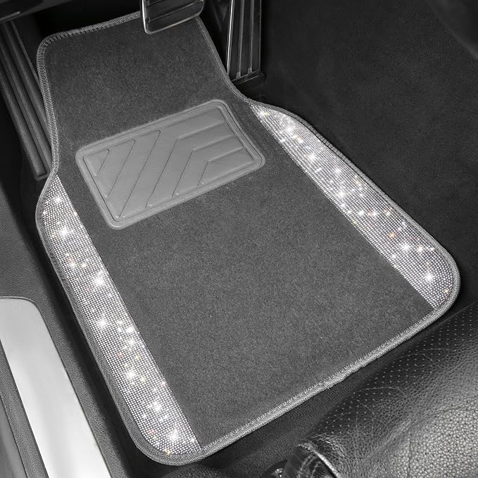 Bling Diamond Car Mats Shining Carpet Crystal Rhinestones Sparkly Glitter Floor Mats with Anti-Slip PVC Heel Pad Universal Fit for Automotive SUV, Sedan, Car, Van, 4pcs for Girl Women, Gray