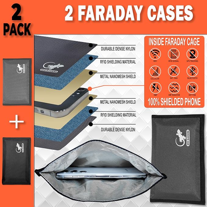 Faraday Bag Anti-Tracking GPS RFID Car Key Signal Blocker Wallet Shielding Pouch Protective Case for Cell Phone Car Key FOB, Data Privacy, Electronic Device Security (2 Pack - Black and Gray)