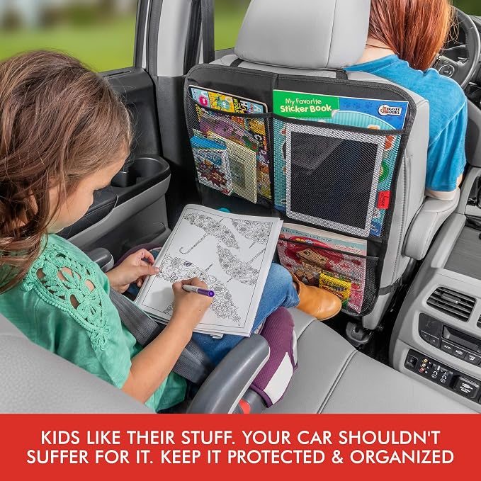 Kick Mats (2 Pack) - Car Seat Back Protectors, Premium Waterproof Fabric, Reinforced Corners to Prevent Sag, and 4 Mesh Pockets for Large Storage (Tan)
