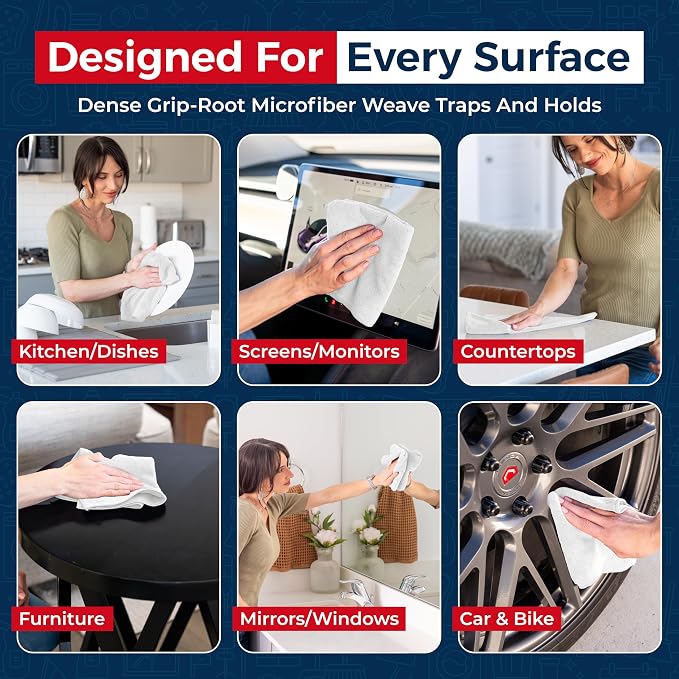 Microfiber Cleaning Cloth - White - 8Pcs (12.5x12.5 inch) High Performance - 1200 Washes, Ultra Absorbent Car Towel Traps Grime & Liquid for Streak-Free Mirror Shine - Car Washing Cloth