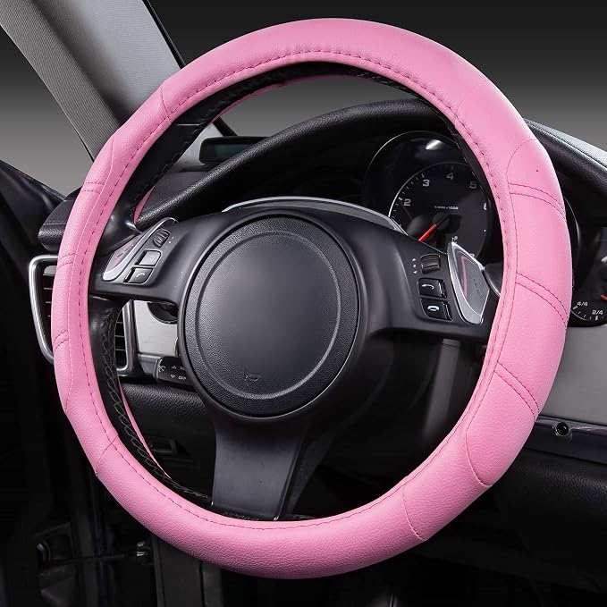 Line Rider Microfiber Leather Sporty 14.5-15 inch Car Steering Wheel Cover Universal Fits for 95% Cars Sedans SUV Trucks, Anti-Slip Safety Comfortable Design (Pure Pink)