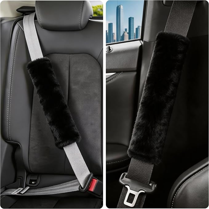 2-Pack Soft Furry Universal Seatbelt Cover – Shoulder Pad for Car Truck SUV Airplane Bus – Relieves Neck & Shoulder Pressure – Fits Backpack, Camera Bag, Laptop Bag Straps (10.5 Inch, Black)
