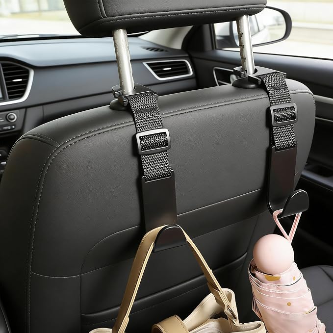 Adjustable Car Headrest Hooks, 4 Pack Universal Fit Vehicle Seat Back Organizer Hanger for Purse, Bags & Groceries, Black