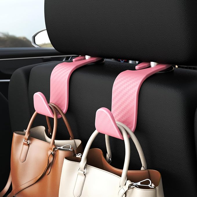 Car Seat Headrest Hook 4 Pack Hanger Universal Vehicle Car Storage Organizer for Handbag Purse Coat S Type Checkered Pink