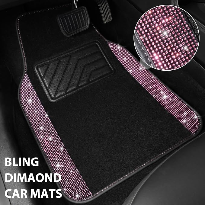 Bling Diamond Car Floor Mat Shining Rhinestones Carpet, Sparkly Glitter Crystal Anti-Slip PVC Heel Pad Automotive Universal Fit for SUV Sedan Car Van, 4pcs for Girl Cute Women, Black Pink