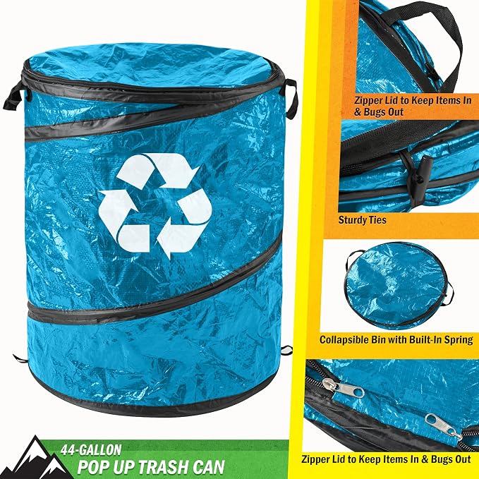 Collapsible Trash Can - Pop Up 44-Gallon Outdoor Portable Garbage Bag Holder with Zippered Lid - Recycle Bin for Camping or Parties (Blue)