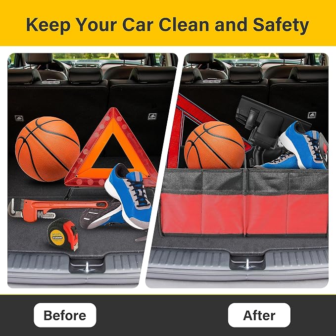 2 Compartments Car Trunk Organizer, 600D Oxford Polyester Car Storage, Anti-slip 14" D x 22" W x 12" H Collapsible Trunk Storage, Suitable for SUV, Minivan, Truck, Red New