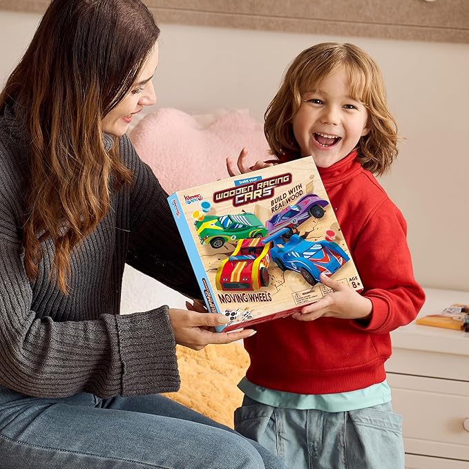 4 DIY Wooden Race Cars-Build & Paint Your Own Wood Craft Kit, 4 Race Cars Toy, Easy to Assemble Arts Crafts Kit, Birthday Party Presents for Kids Boys and Girls