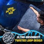 Twisted Loop Microfiber Drying Towel with Hand Pockets | Megalodon Built-in slots give a secure grip, full control while you safely clean your car, 24"x36"