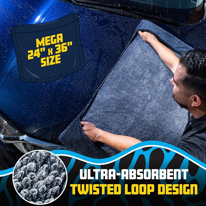 Twisted Loop Microfiber Drying Towel with Hand Pockets | Megalodon Built-in slots give a secure grip, full control while you safely clean your car, 24"x36"