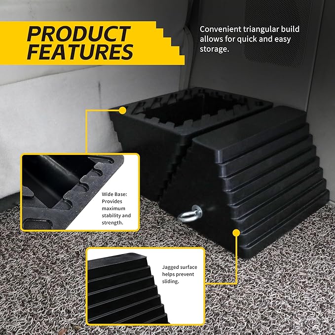 Rubber Wheel Chock 2 Pack, Large 10" x 8" x 6" Heavy Duty Tire Stop with Non Slip All Weather Grip, Oil Resistant Rubber Block with Steel Eyebolt for Vehicle and Trailer Safety (80681)