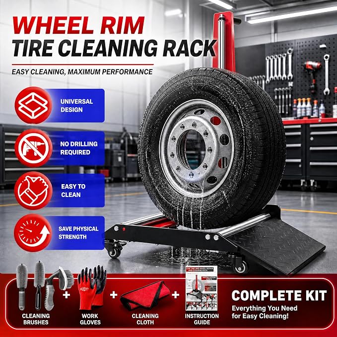 Rolling Wheel Detailing Stand – Heavy-Duty Tire Cleaning and Polishing Roller with 3-Way Rotating Rollers for Ceramic Coating, Tire Shine, Car Wheel Wash – Garage Accessory for Auto Detailers