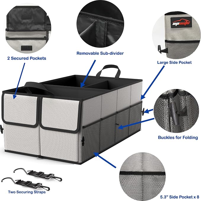 Foldable Car Trunk Organizer for SUV, 3-Compartment, Gray | with Removable Divider, Side Pockets and Securing Straps